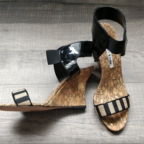 Manolo Blahnik Shoes - Manolo Blahnik black patent leather  striped wedge